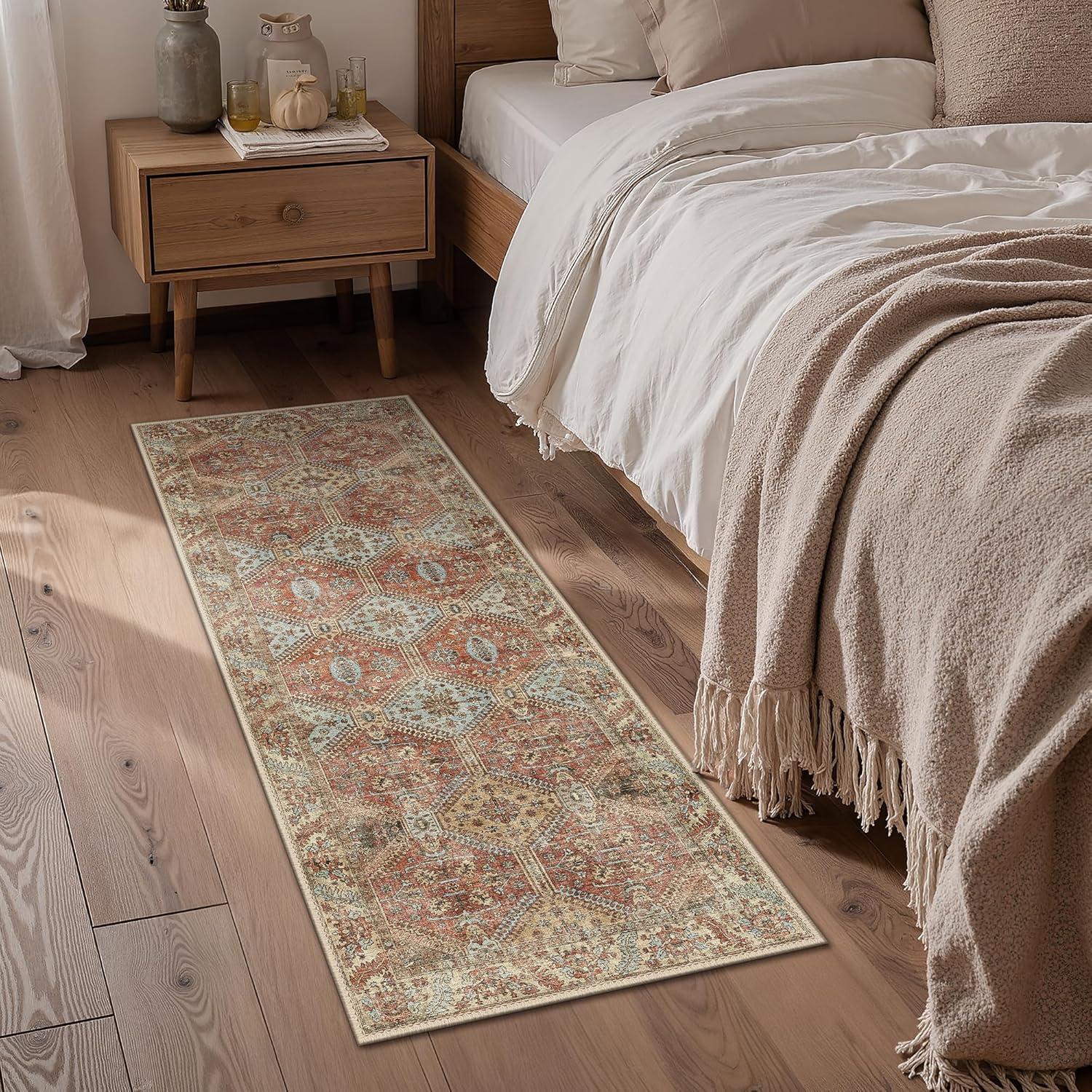 imageGENIMO 8x10 Area Rugs for Living Room Machine Washable Non Slip Rugs Low Pile Lightweight Vintage Print Rug for Bedroom Dining Room Home Office Distressed BlueGreyVintage Brick Red