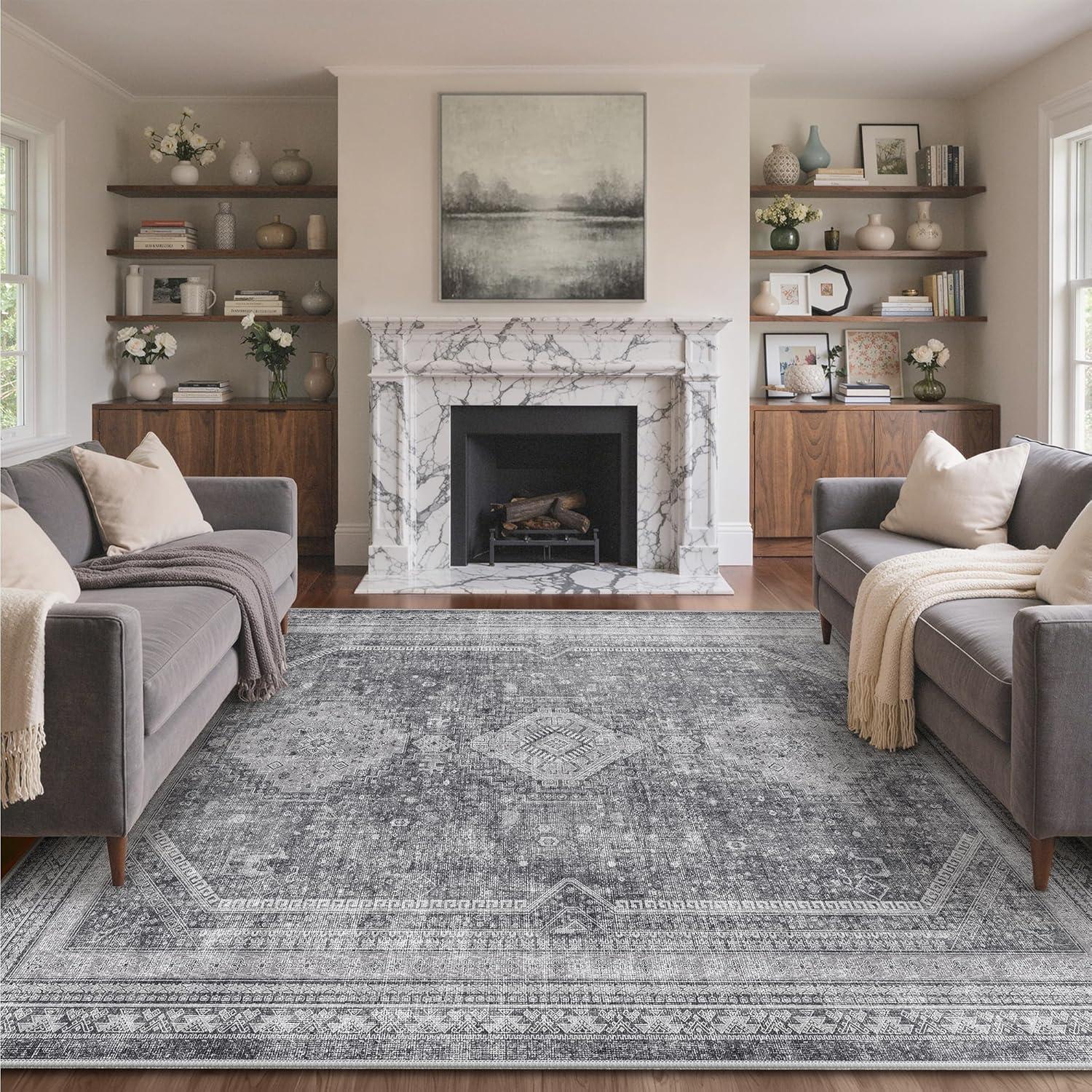 imageGENIMO 8x10 Area Rugs for Living Room Machine Washable Non Slip Rugs Low Pile Lightweight Vintage Print Rug for Bedroom Dining Room Home Office Distressed BlueGreyArea Vintage Grey
