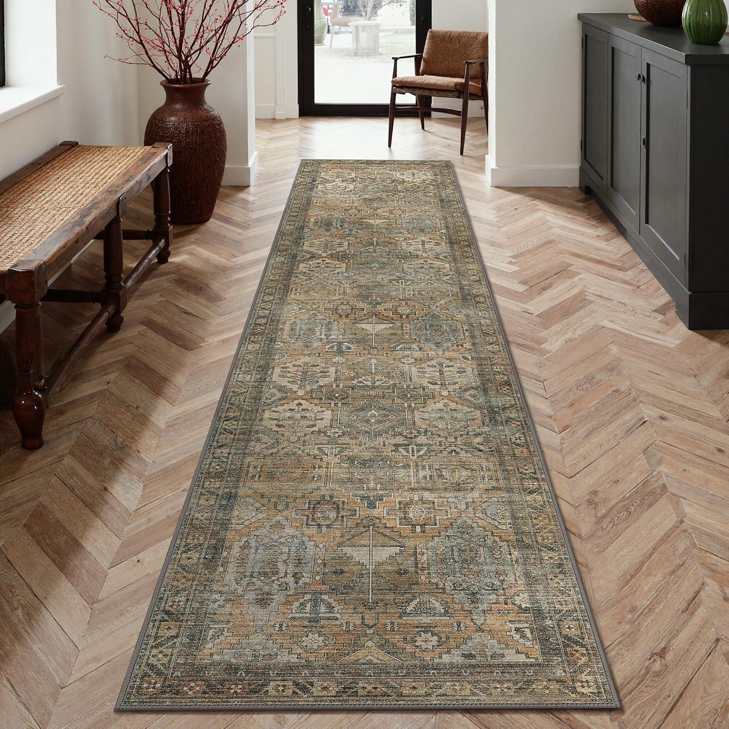 imageGENIMO 8x10 Area Rugs for Living Room Machine Washable Non Slip Rugs Low Pile Lightweight Vintage Print Rug for Bedroom Dining Room Home Office Distressed BlueGreyWarm Taupe