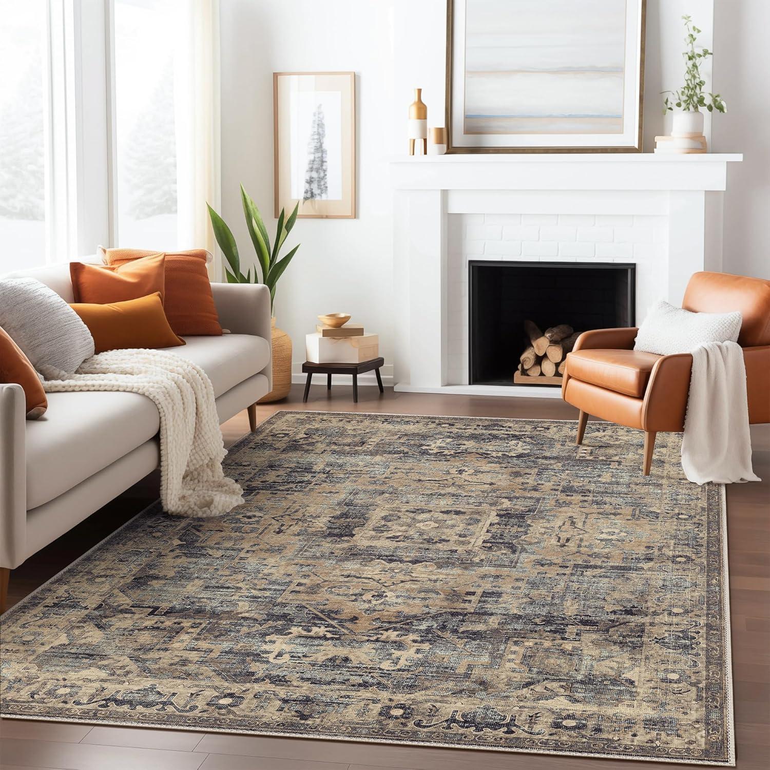 imageGENIMO 8x10 Area Rugs for Living Room Machine Washable Non Slip Rugs Low Pile Lightweight Vintage Print Rug for Bedroom Dining Room Home Office Distressed BlueGreyTawny Sage