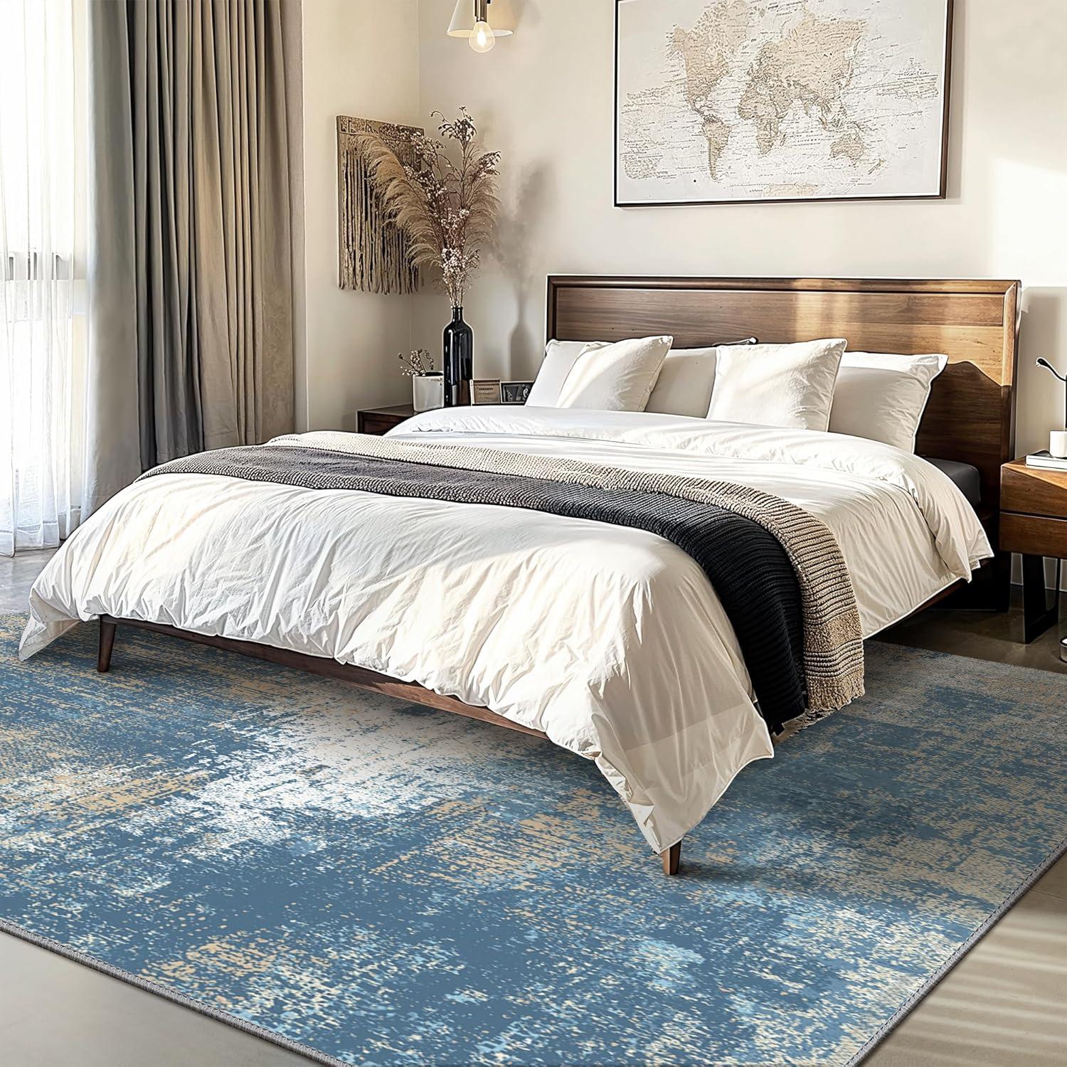 imageGENIMO 8x10 Area Rugs for Living Room Machine Washable Non Slip Rugs Low Pile Lightweight Vintage Print Rug for Bedroom Dining Room Home Office Distressed BlueGreyWashed Mist Blue