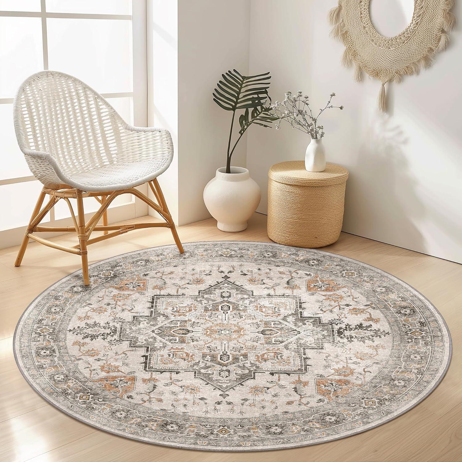 imageGENIMO 8x10 Area Rugs for Living Room Machine Washable Non Slip Rugs Low Pile Lightweight Vintage Print Rug for Bedroom Dining Room Home Office Distressed BlueGreyTaupe