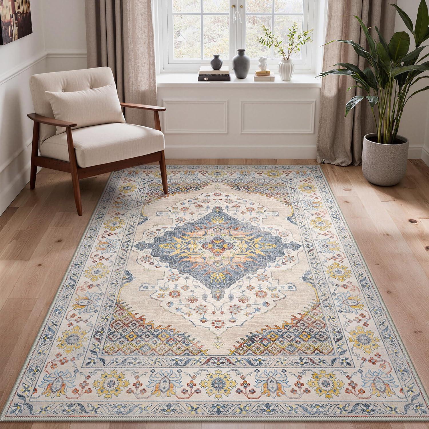 imageGENIMO 8x10 Area Rugs for Living Room Machine Washable Non Slip Rugs Low Pile Lightweight Vintage Print Rug for Bedroom Dining Room Home Office Distressed BlueGreyCreamCenter Blue