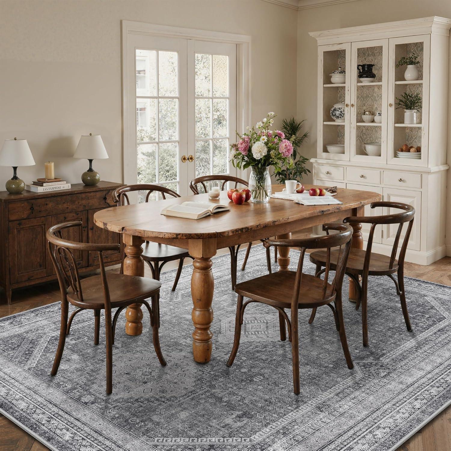 imageGENIMO 8x10 Area Rugs for Living Room Machine Washable Non Slip Rugs Low Pile Lightweight Vintage Print Rug for Bedroom Dining Room Home Office Distressed BlueGreyArea Vintage Grey