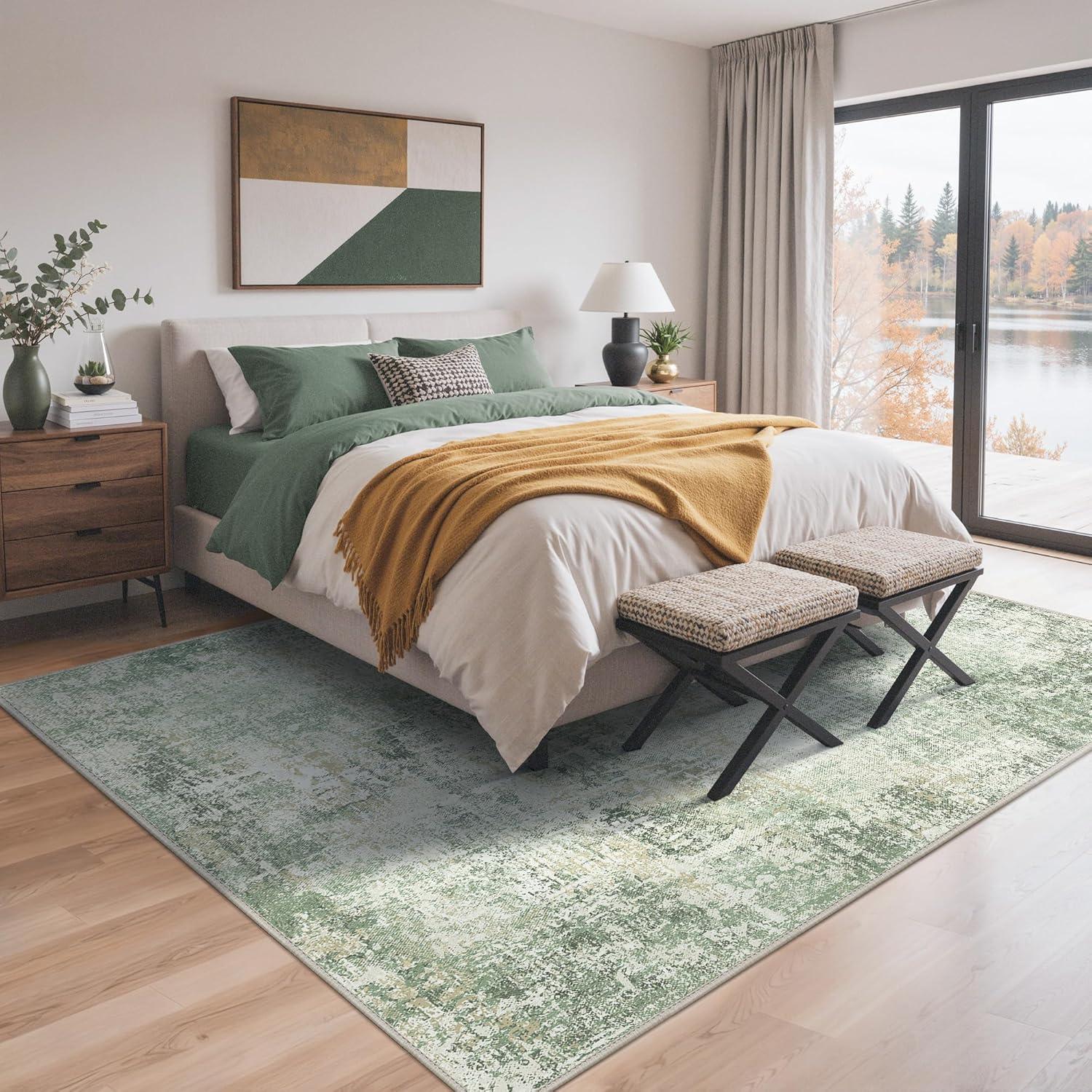imageGENIMO 8x10 Area Rugs for Living Room Machine Washable Non Slip Rugs Low Pile Lightweight Vintage Print Rug for Bedroom Dining Room Home Office Distressed BlueGreyIce Cream Green