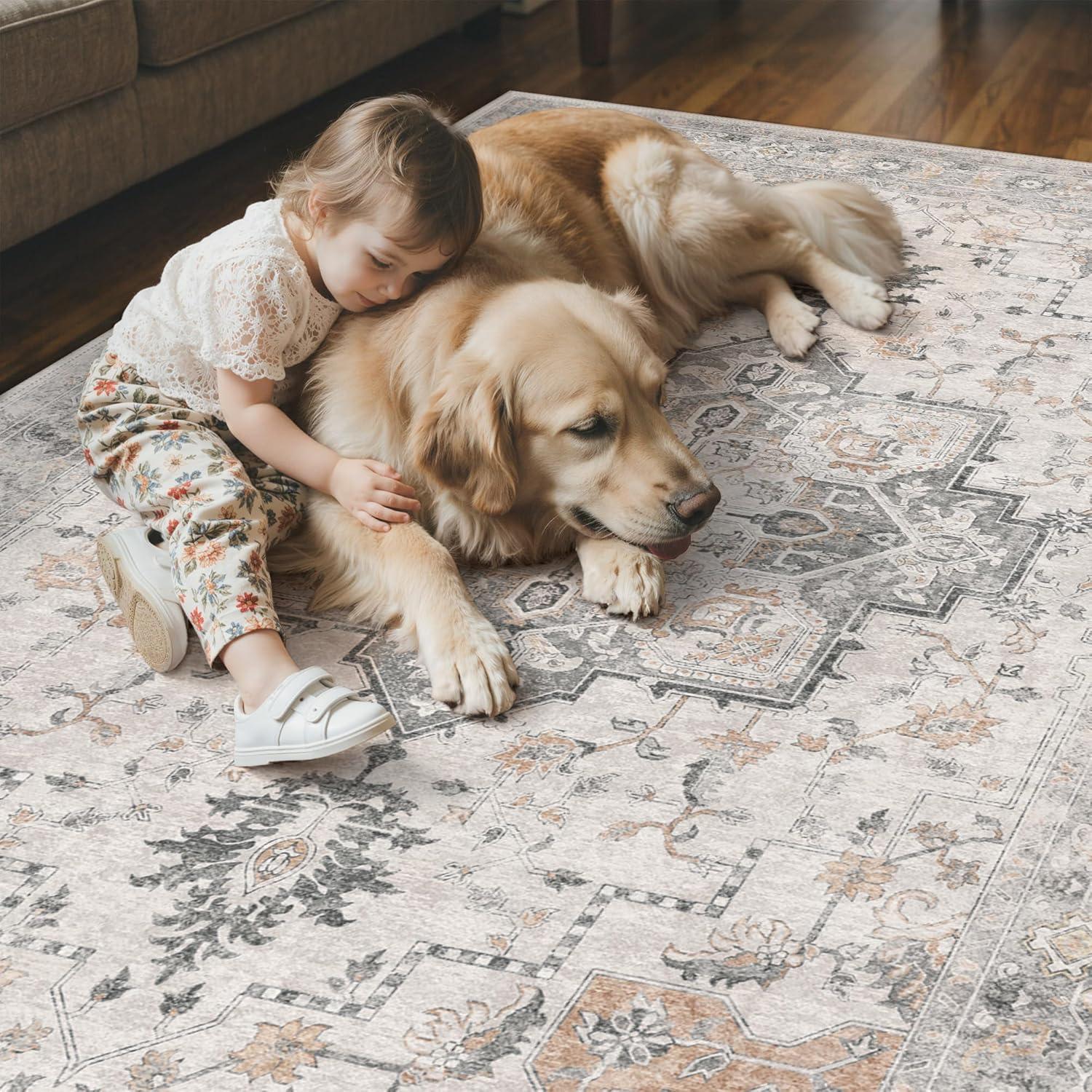 imageGENIMO 8x10 Area Rugs for Living Room Machine Washable Non Slip Rugs Low Pile Lightweight Vintage Print Rug for Bedroom Dining Room Home Office Distressed BlueGreyTaupeblue