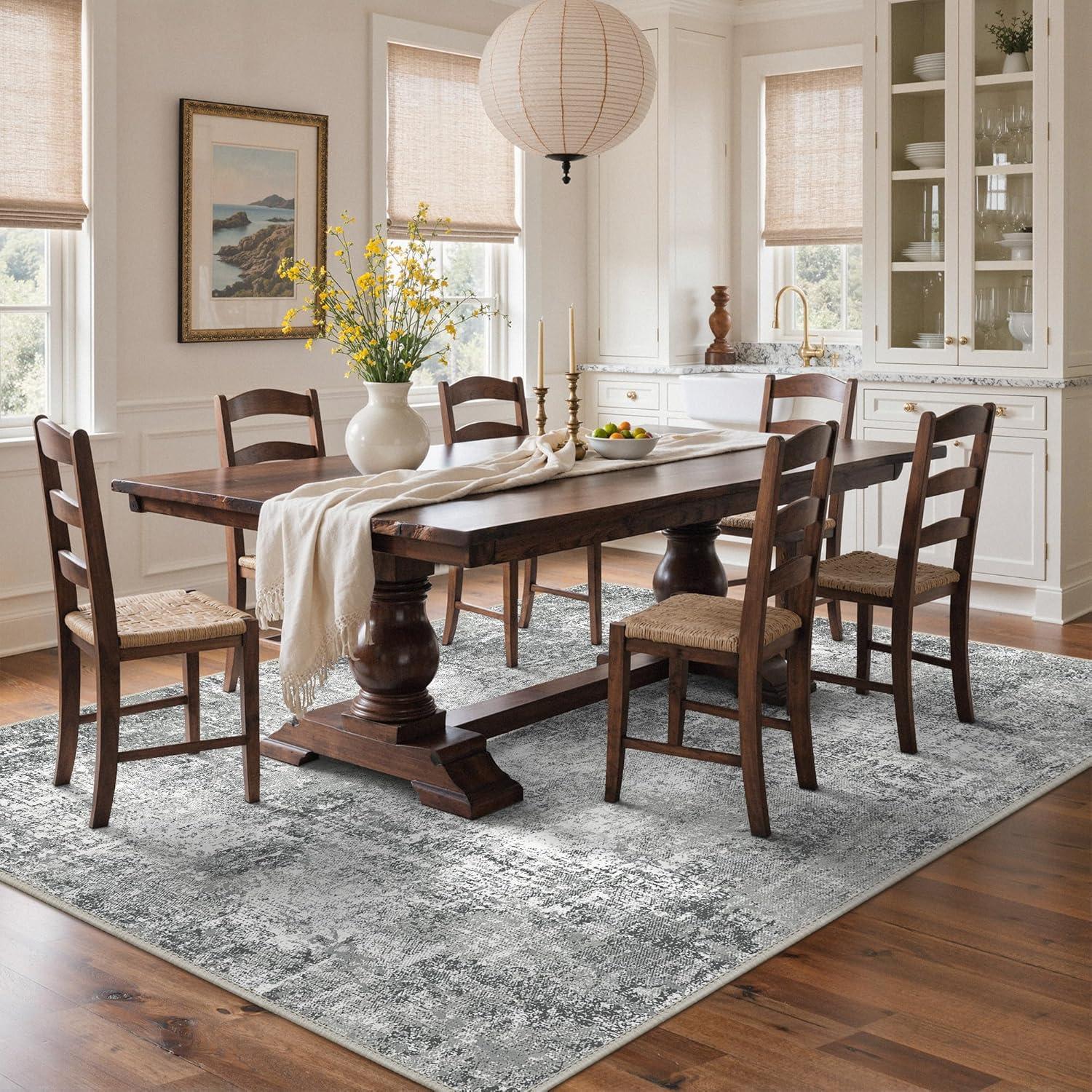 imageGENIMO 8x10 Area Rugs for Living Room Machine Washable Non Slip Rugs Low Pile Lightweight Vintage Print Rug for Bedroom Dining Room Home Office Distressed BlueGreyGray Fog