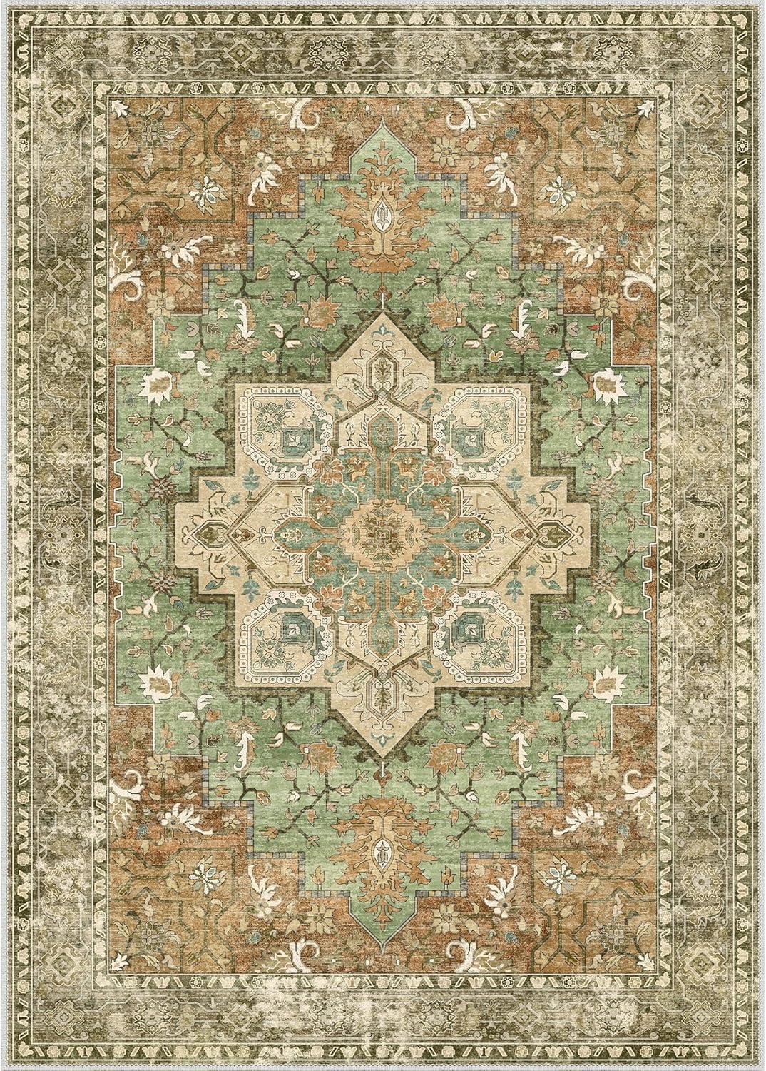 imageGENIMO 8x10 Area Rugs for Living Room Machine Washable Non Slip Rugs Low Pile Lightweight Vintage Print Rug for Bedroom Dining Room Home Office Distressed BlueGreyMuted Green Brown