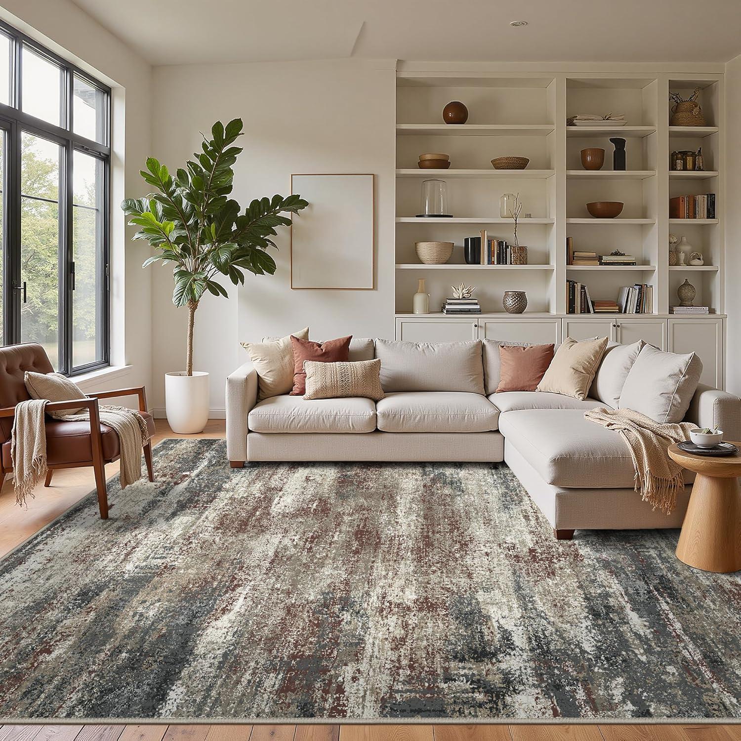 imageGENIMO 8x10 Area Rugs for Living Room Machine Washable Non Slip Rugs Low Pile Lightweight Vintage Print Rug for Bedroom Dining Room Home Office Distressed BlueGreyMystic Forest
