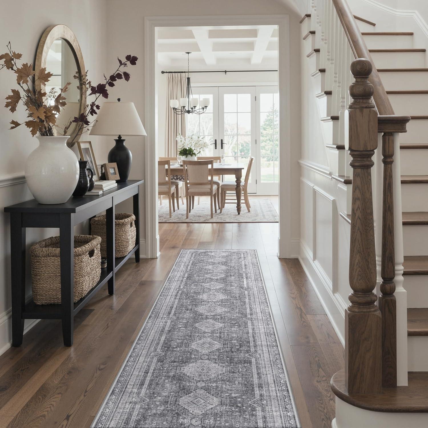 imageGENIMO 8x10 Area Rugs for Living Room Machine Washable Non Slip Rugs Low Pile Lightweight Vintage Print Rug for Bedroom Dining Room Home Office Distressed BlueGreyArea Vintage Grey