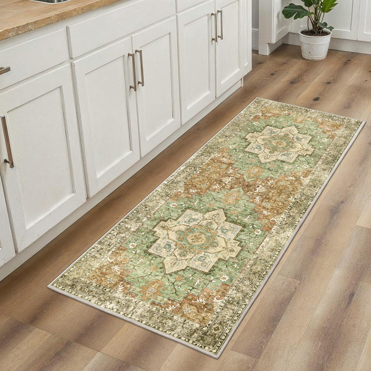 imageGENIMO 8x10 Area Rugs for Living Room Machine Washable Non Slip Rugs Low Pile Lightweight Vintage Print Rug for Bedroom Dining Room Home Office Distressed BlueGreyMuted Green Brown