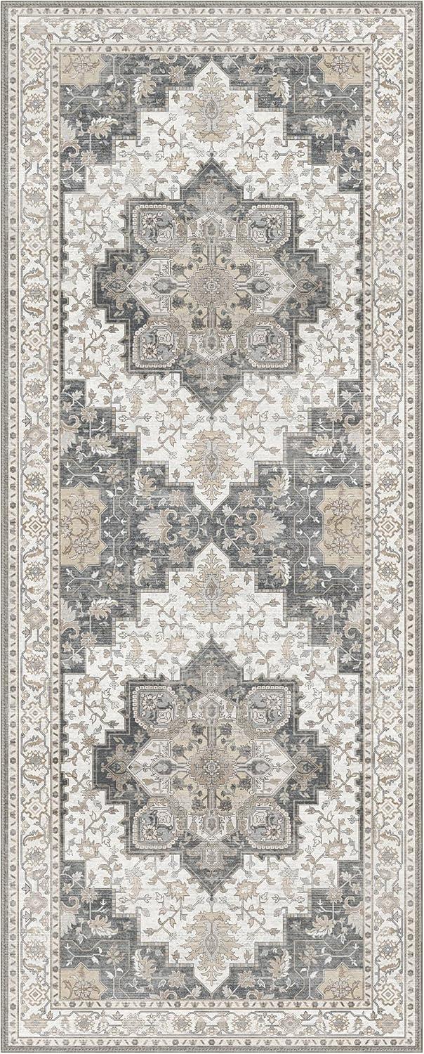 imageGENIMO 8x10 Area Rugs for Living Room Machine Washable Non Slip Rugs Low Pile Lightweight Vintage Print Rug for Bedroom Dining Room Home Office Distressed BlueGreyHeathered Grey