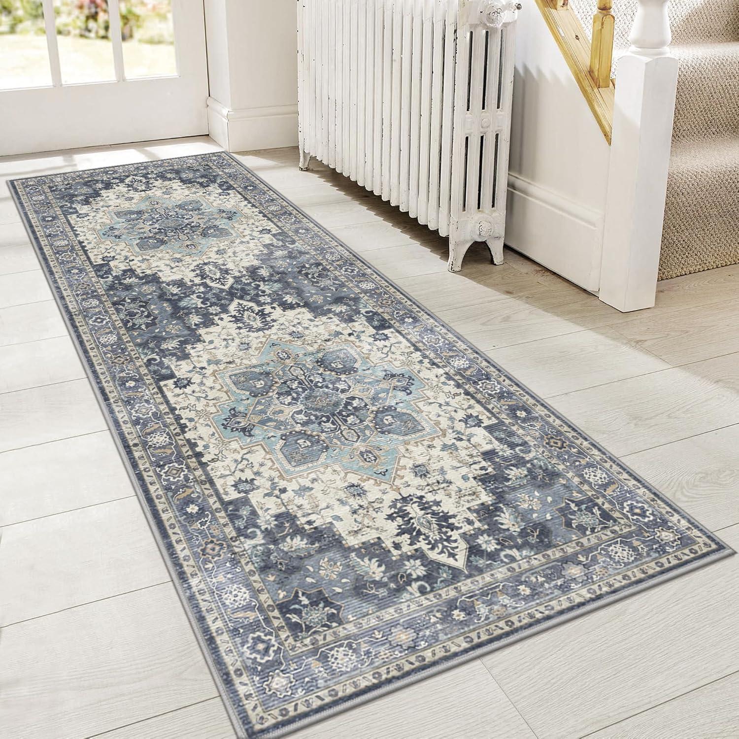 imageGENIMO 8x10 Area Rugs for Living Room Machine Washable Non Slip Rugs Low Pile Lightweight Vintage Print Rug for Bedroom Dining Room Home Office Distressed BlueGreyCenter Blue