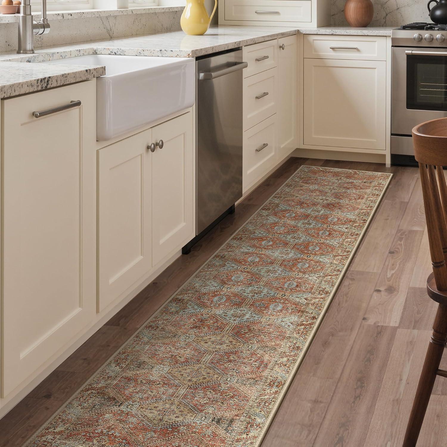 imageGENIMO 8x10 Area Rugs for Living Room Machine Washable Non Slip Rugs Low Pile Lightweight Vintage Print Rug for Bedroom Dining Room Home Office Distressed BlueGreyVintage Brick Red