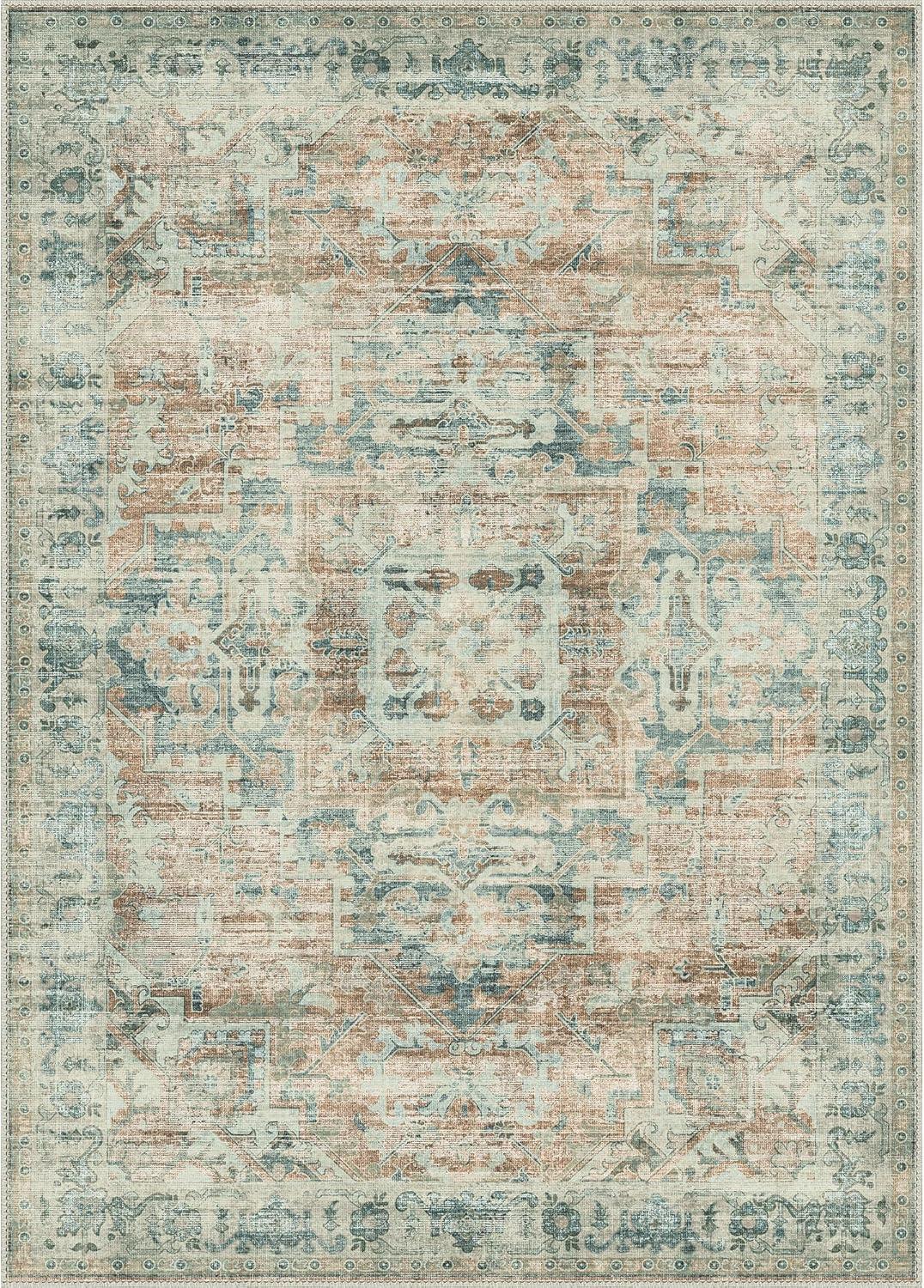 imageGENIMO 8x10 Area Rugs for Living Room Machine Washable Non Slip Rugs Low Pile Lightweight Vintage Print Rug for Bedroom Dining Room Home Office Distressed BlueGreyLight Brown Pink