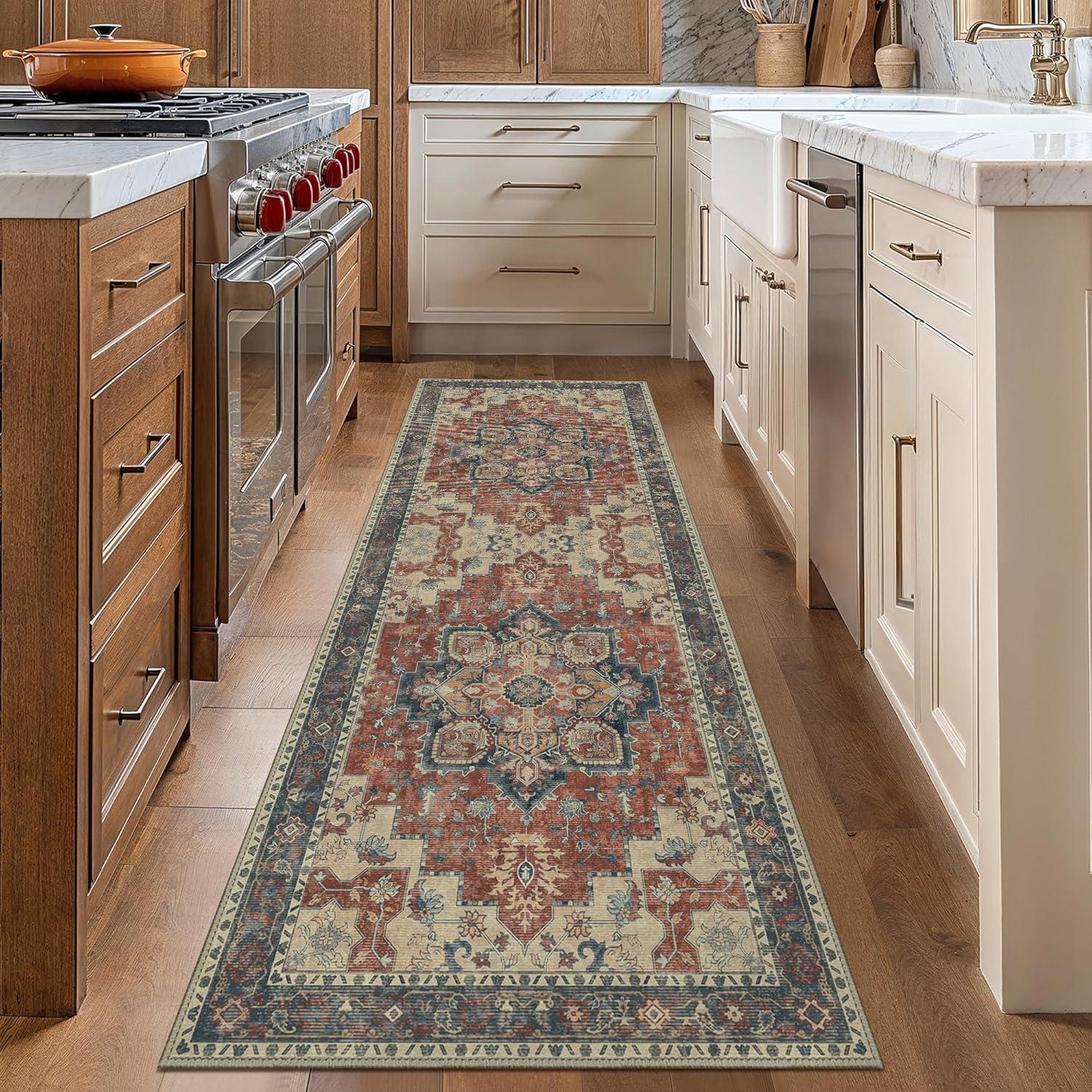 imageGENIMO 8x10 Area Rugs for Living Room Machine Washable Non Slip Rugs Low Pile Lightweight Vintage Print Rug for Bedroom Dining Room Home Office Distressed BlueGreyBordeaux