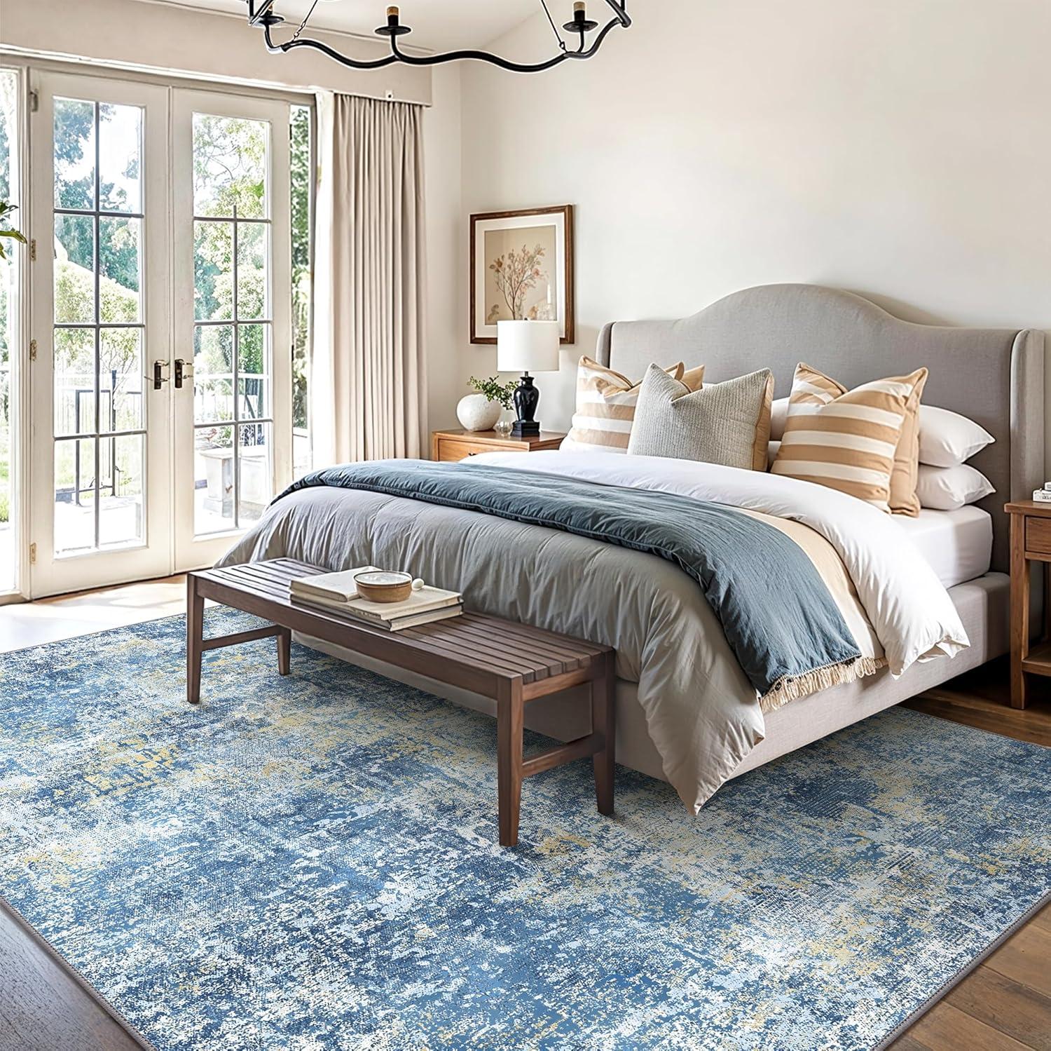 imageGENIMO 8x10 Area Rugs for Living Room Machine Washable Non Slip Rugs Low Pile Lightweight Vintage Print Rug for Bedroom Dining Room Home Office Distressed BlueGreyTrue Blue