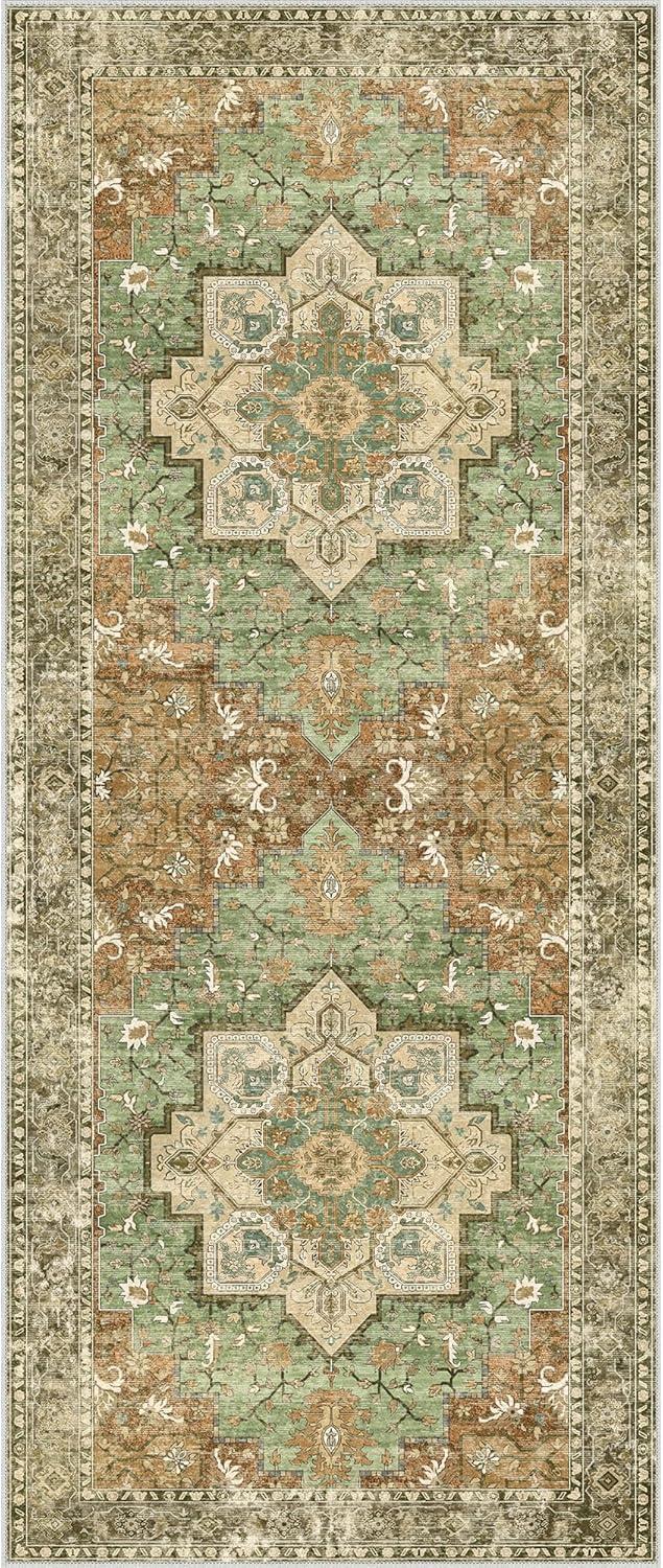 imageGENIMO 8x10 Area Rugs for Living Room Machine Washable Non Slip Rugs Low Pile Lightweight Vintage Print Rug for Bedroom Dining Room Home Office Distressed BlueGreyMuted Green Brown