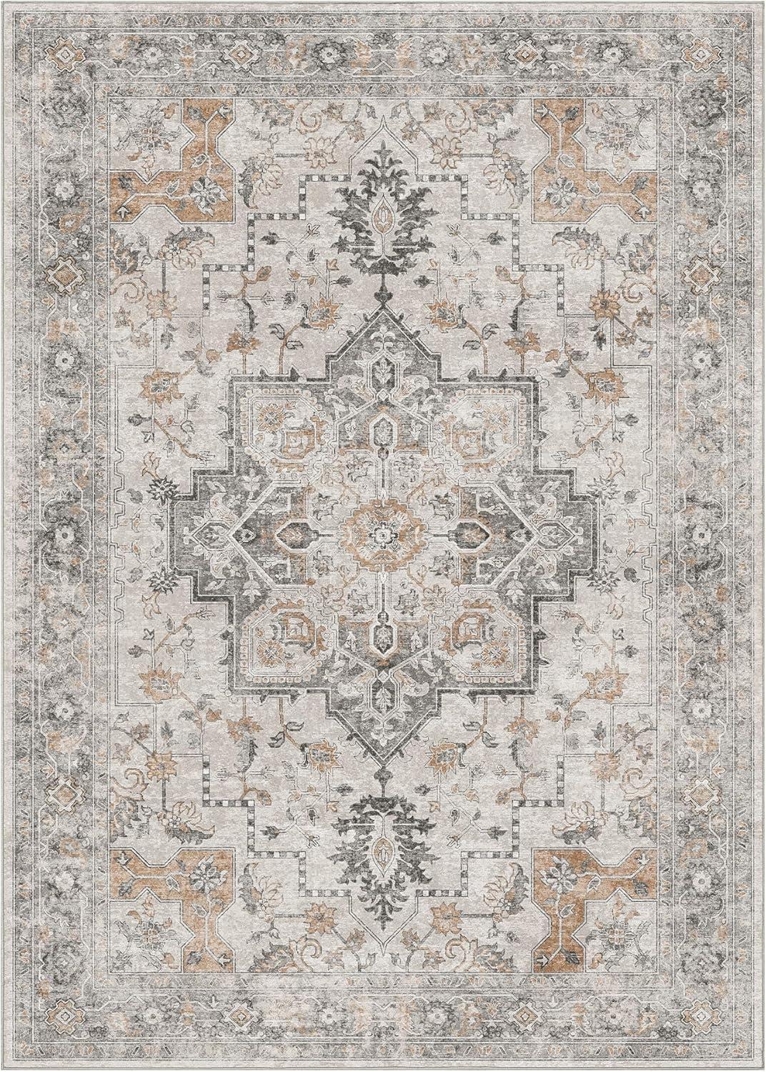 imageGENIMO 8x10 Area Rugs for Living Room Machine Washable Non Slip Rugs Low Pile Lightweight Vintage Print Rug for Bedroom Dining Room Home Office Distressed BlueGreyTaupe