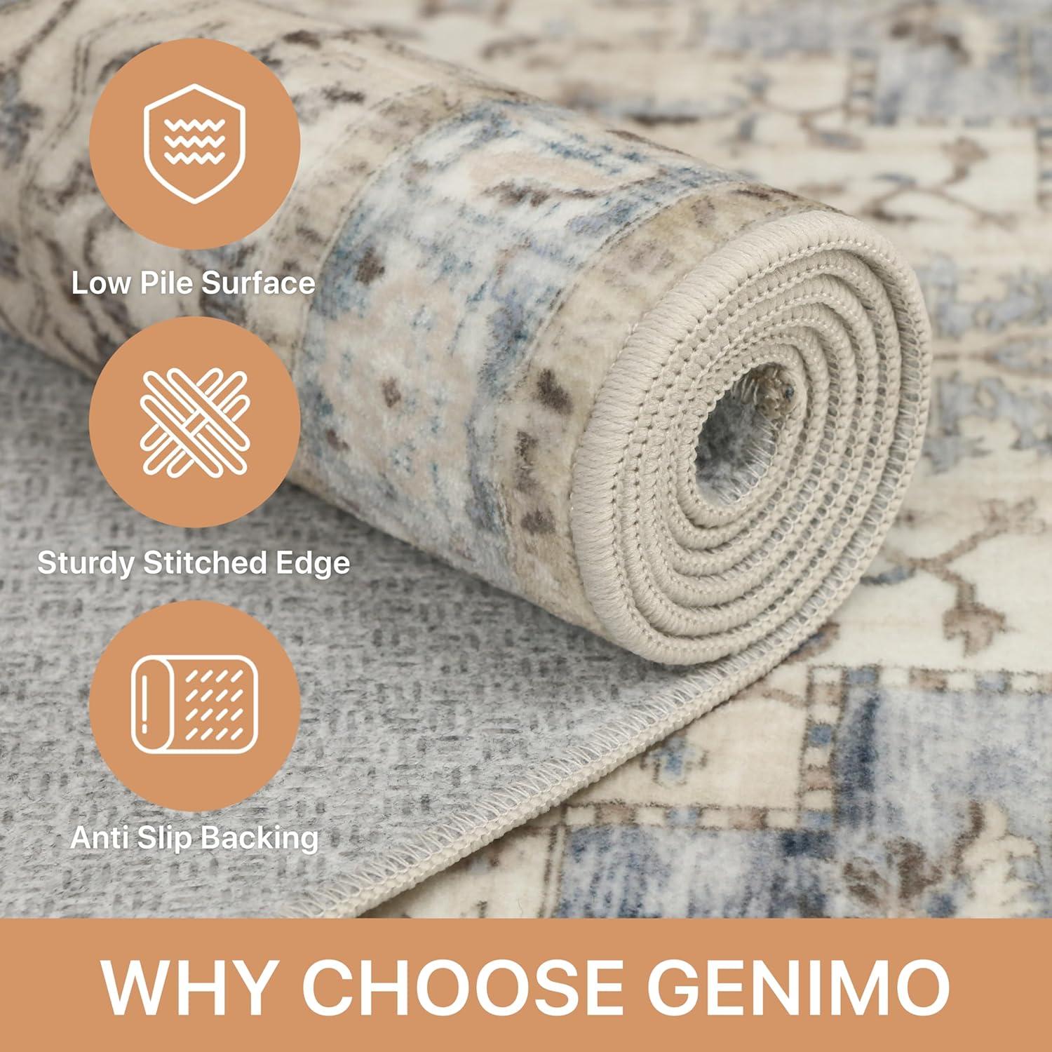imageGENIMO 8x10 Area Rugs for Living Room Machine Washable Non Slip Rugs Low Pile Lightweight Vintage Print Rug for Bedroom Dining Room Home Office Distressed BlueGreyMint Sage