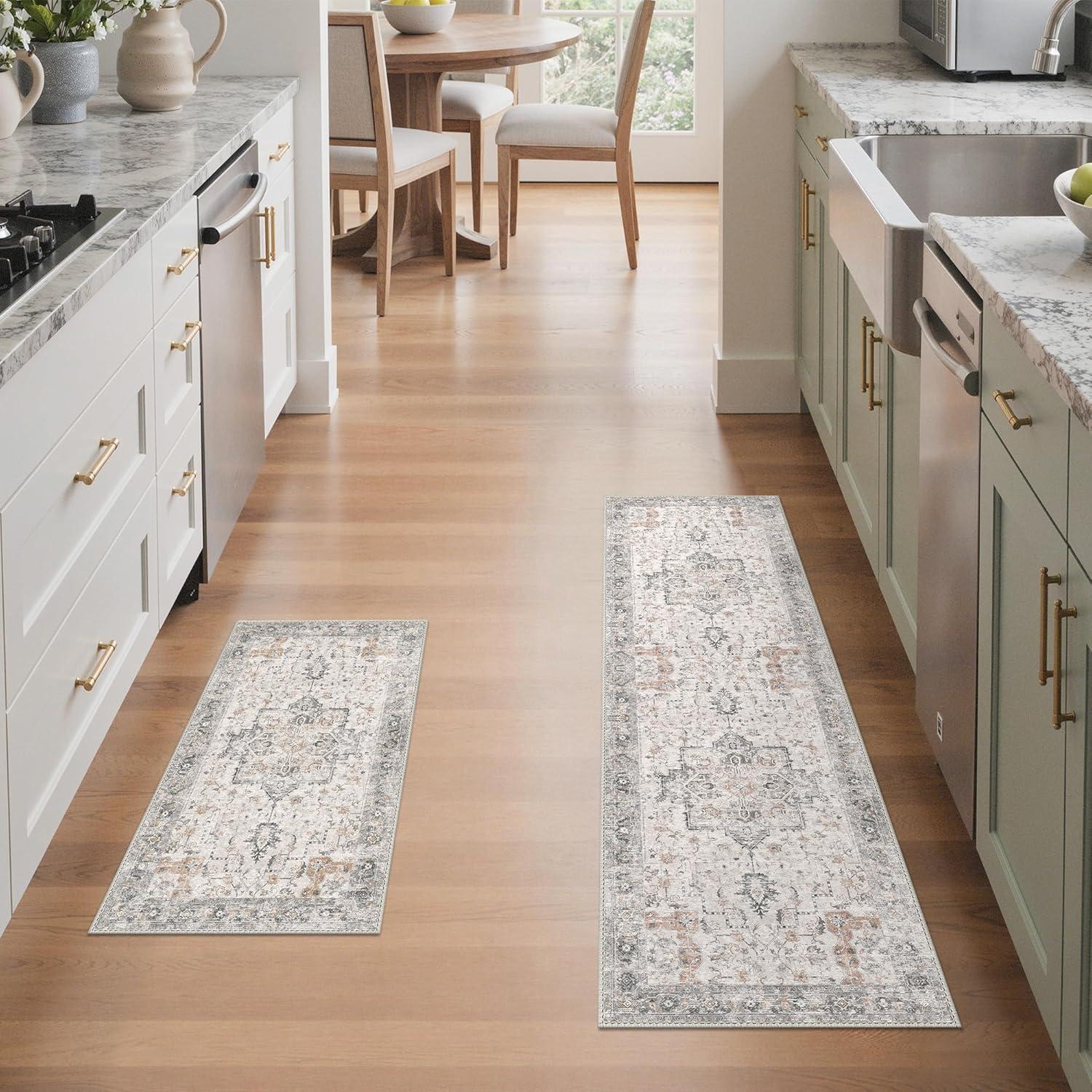 imageGENIMO 8x10 Area Rugs for Living Room Machine Washable Non Slip Rugs Low Pile Lightweight Vintage Print Rug for Bedroom Dining Room Home Office Distressed BlueGreyTaupe