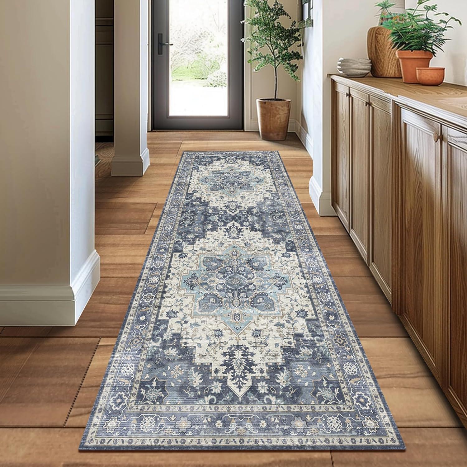 imageGENIMO 8x10 Area Rugs for Living Room Machine Washable Non Slip Rugs Low Pile Lightweight Vintage Print Rug for Bedroom Dining Room Home Office Distressed BlueGreyCenter Blue