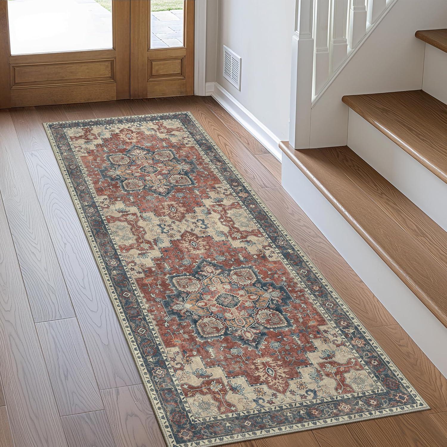 imageGENIMO 8x10 Area Rugs for Living Room Machine Washable Non Slip Rugs Low Pile Lightweight Vintage Print Rug for Bedroom Dining Room Home Office Distressed BlueGreyBordeaux