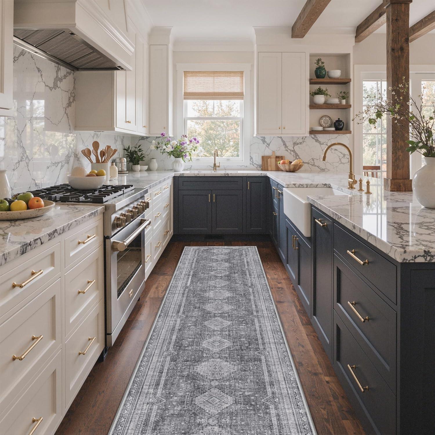 imageGENIMO 8x10 Area Rugs for Living Room Machine Washable Non Slip Rugs Low Pile Lightweight Vintage Print Rug for Bedroom Dining Room Home Office Distressed BlueGreyArea Vintage Grey