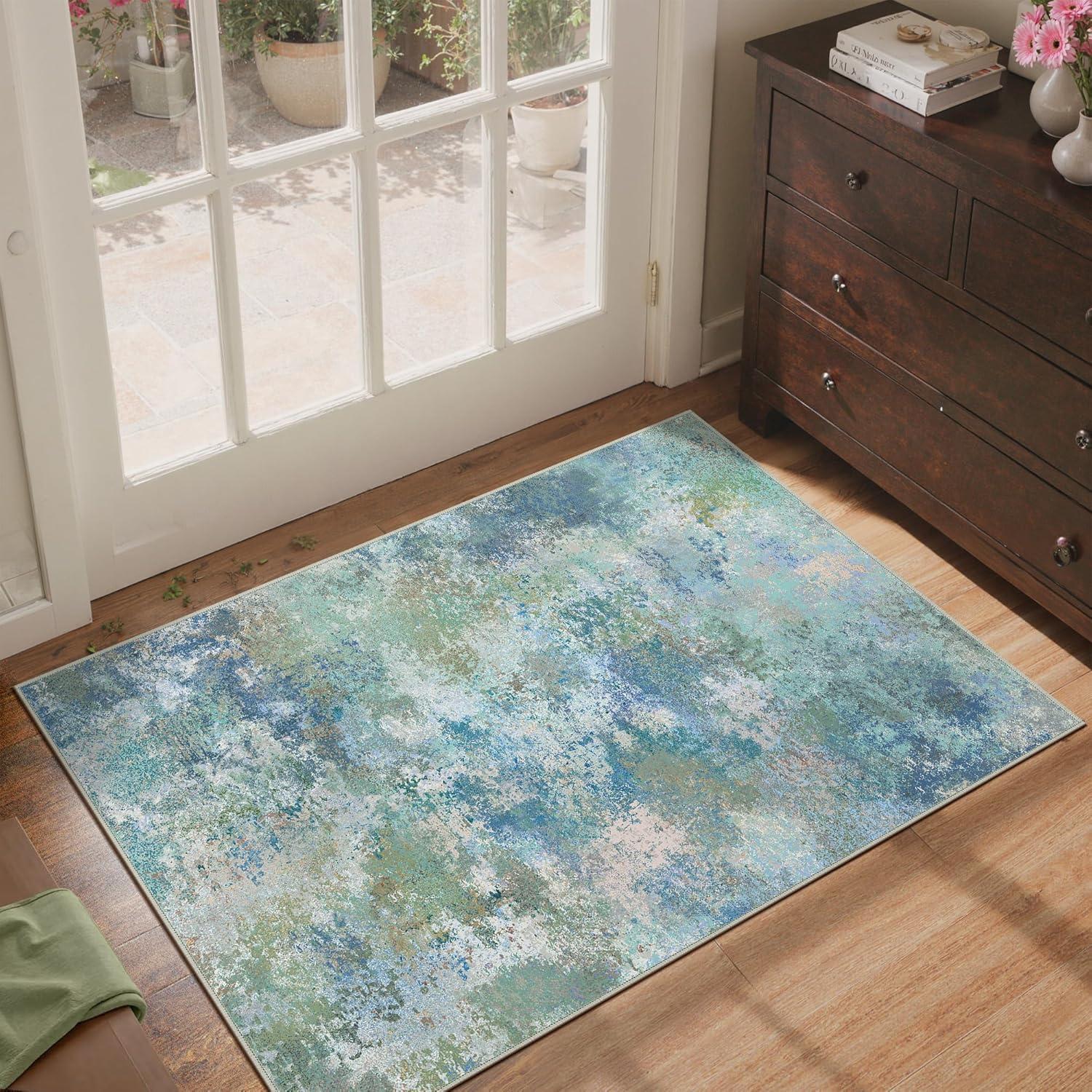 imageGENIMO 8x10 Area Rugs for Living Room Machine Washable Non Slip Rugs Low Pile Lightweight Vintage Print Rug for Bedroom Dining Room Home Office Distressed BlueGreyAquamarineBlue Green