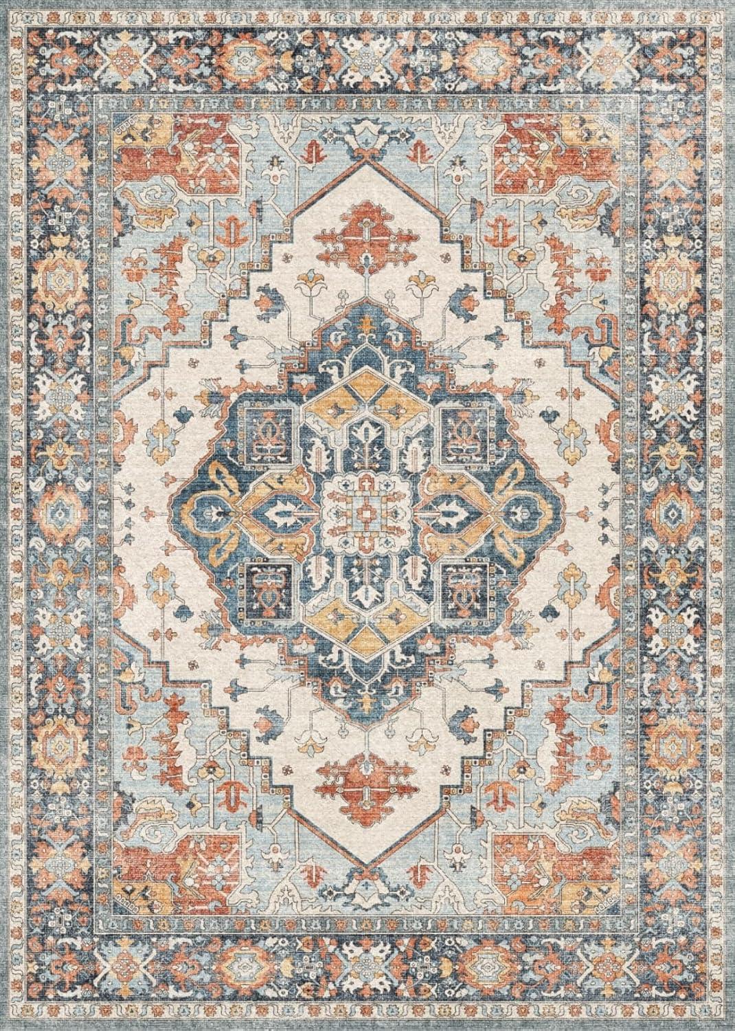 imageGENIMO 8x10 Area Rugs for Living Room Machine Washable Non Slip Rugs Low Pile Lightweight Vintage Print Rug for Bedroom Dining Room Home Office Distressed BlueGreyVintage BlueAmber