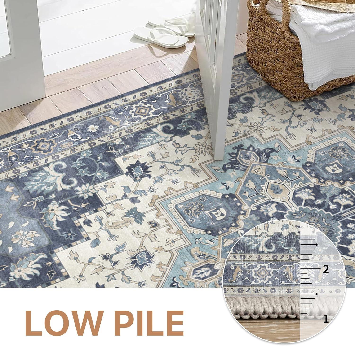 imageGENIMO 8x10 Area Rugs for Living Room Machine Washable Non Slip Rugs Low Pile Lightweight Vintage Print Rug for Bedroom Dining Room Home Office Distressed BlueGreyCenter Blue