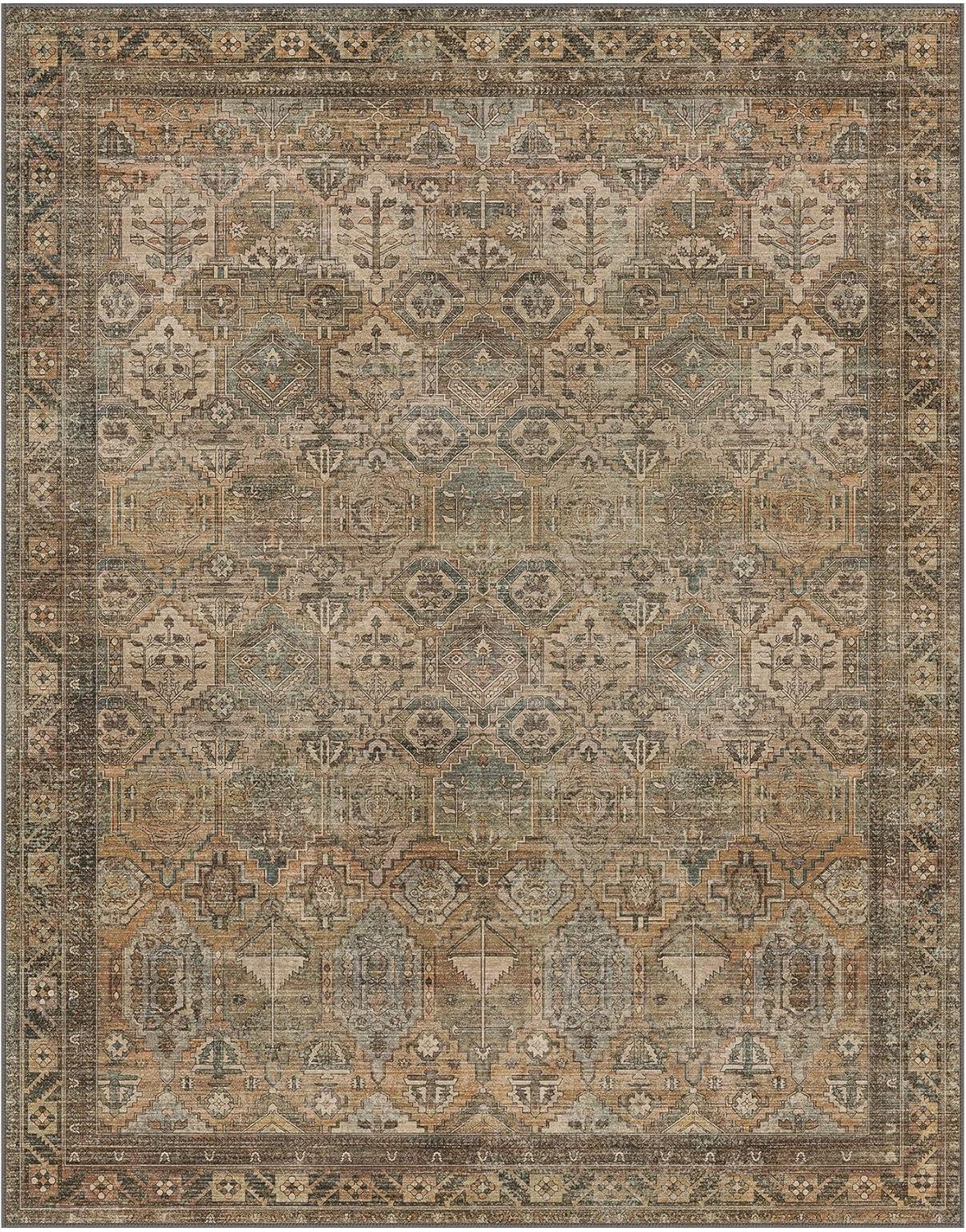 imageGENIMO 8x10 Area Rugs for Living Room Machine Washable Non Slip Rugs Low Pile Lightweight Vintage Print Rug for Bedroom Dining Room Home Office Distressed BlueGreyWarm Taupe