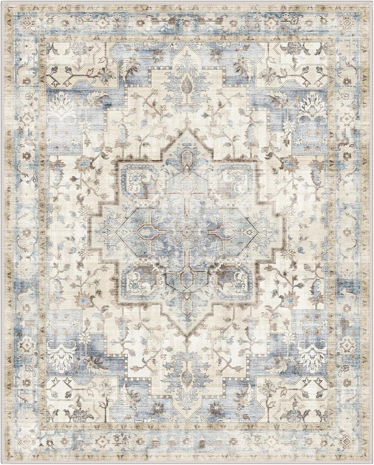 imageGENIMO 8x10 Area Rugs for Living Room Machine Washable Non Slip Rugs Low Pile Lightweight Vintage Print Rug for Bedroom Dining Room Home Office Distressed BlueGreyMint Sage