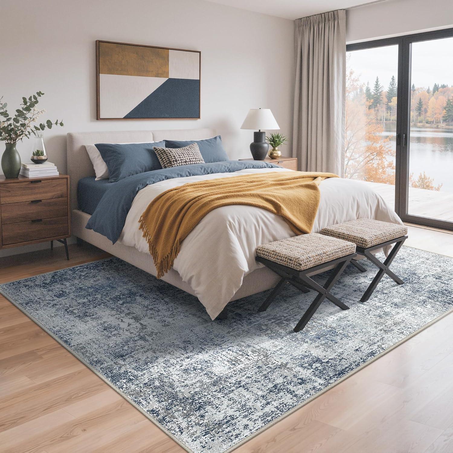 imageGENIMO 8x10 Area Rugs for Living Room Machine Washable Non Slip Rugs Low Pile Lightweight Vintage Print Rug for Bedroom Dining Room Home Office Distressed BlueGreyWashed Light Denim Blue