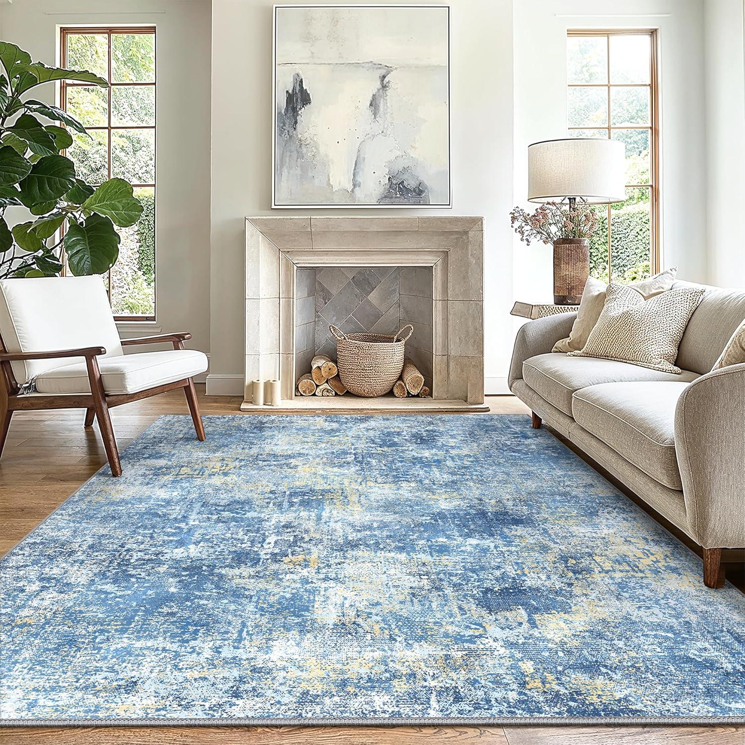 imageGENIMO 8x10 Area Rugs for Living Room Machine Washable Non Slip Rugs Low Pile Lightweight Vintage Print Rug for Bedroom Dining Room Home Office Distressed BlueGreyTrue Blue