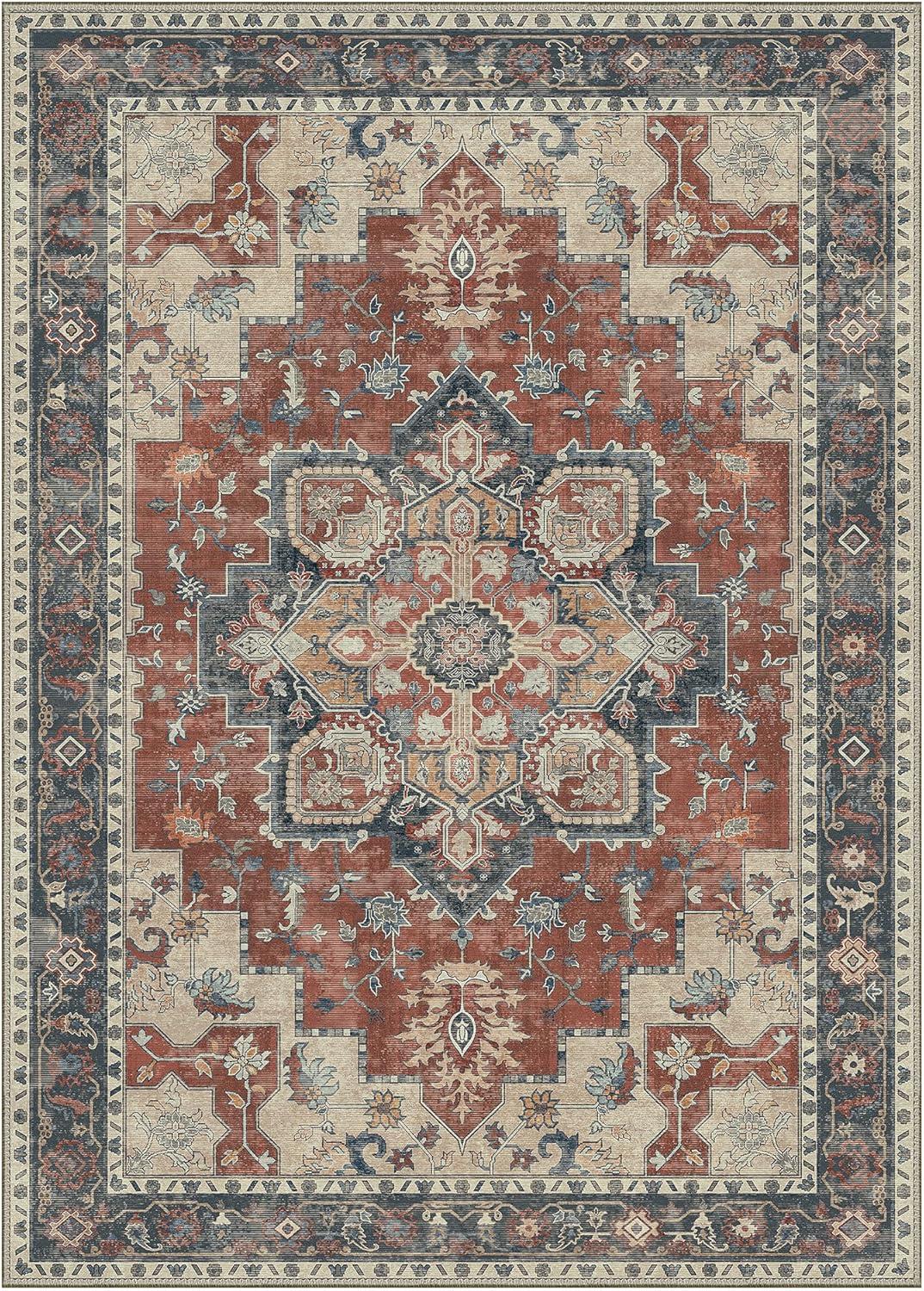 imageGENIMO 8x10 Area Rugs for Living Room Machine Washable Non Slip Rugs Low Pile Lightweight Vintage Print Rug for Bedroom Dining Room Home Office Distressed BlueGreyBordeaux