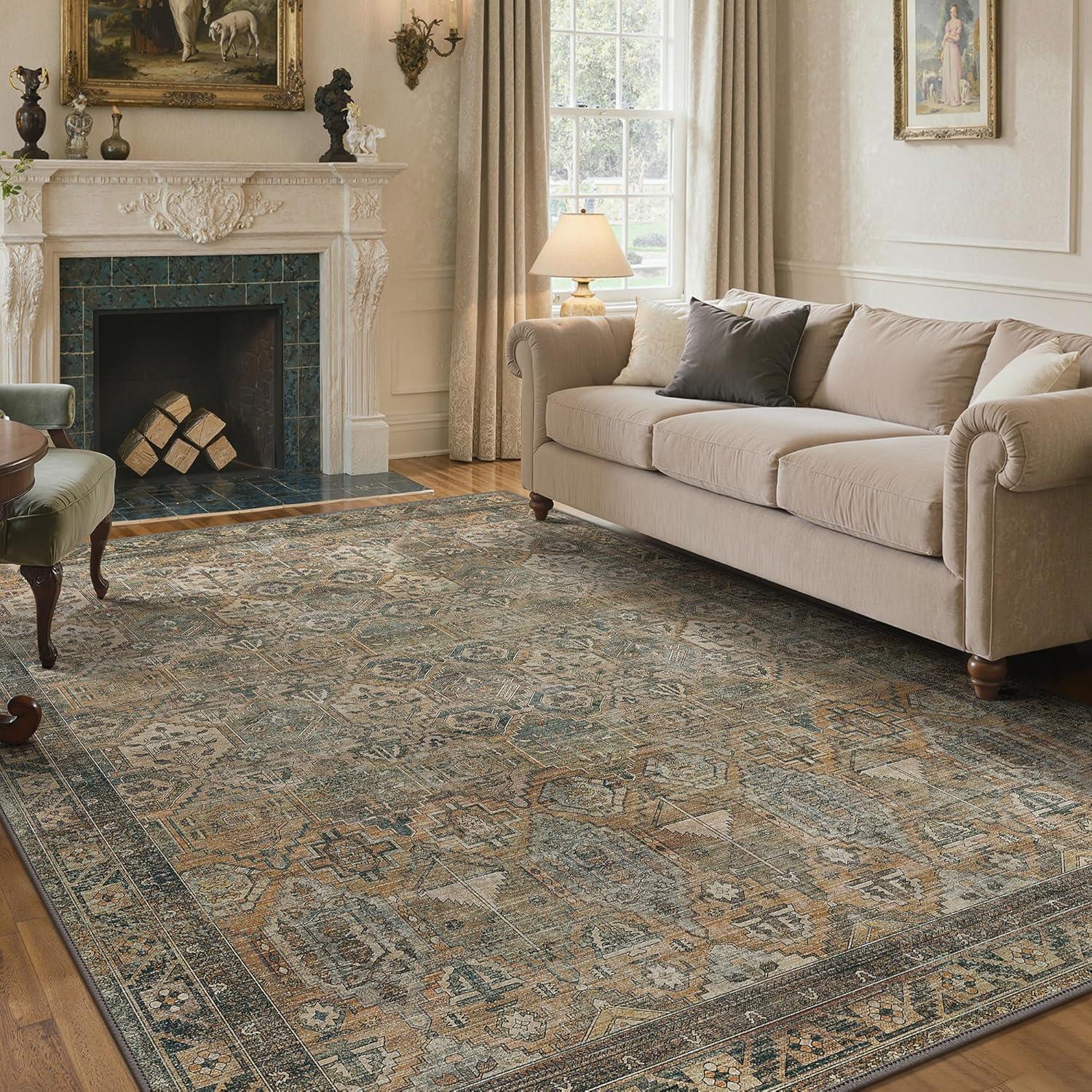 imageGENIMO 8x10 Area Rugs for Living Room Machine Washable Non Slip Rugs Low Pile Lightweight Vintage Print Rug for Bedroom Dining Room Home Office Distressed BlueGreyWarm Taupe