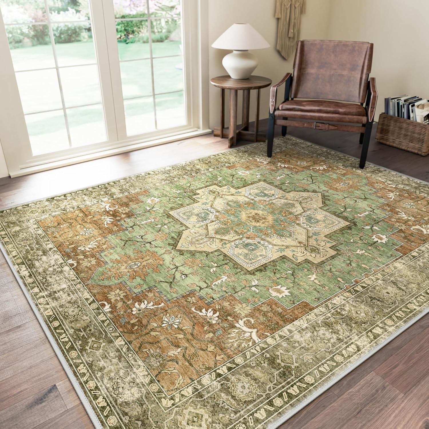 imageGENIMO 8x10 Area Rugs for Living Room Machine Washable Non Slip Rugs Low Pile Lightweight Vintage Print Rug for Bedroom Dining Room Home Office Distressed BlueGreyMuted Green Brown