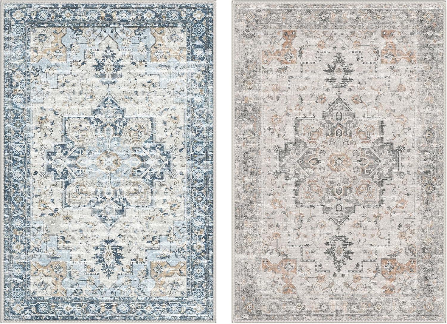 imageGENIMO 8x10 Area Rugs for Living Room Machine Washable Non Slip Rugs Low Pile Lightweight Vintage Print Rug for Bedroom Dining Room Home Office Distressed BlueGreyTaupeblue