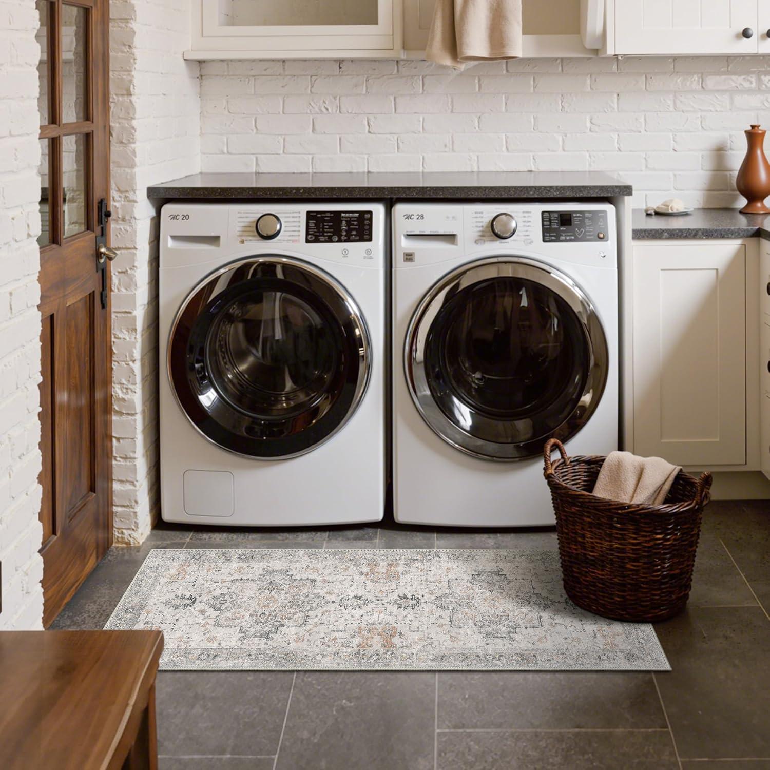 imageGENIMO 8x10 Area Rugs for Living Room Machine Washable Non Slip Rugs Low Pile Lightweight Vintage Print Rug for Bedroom Dining Room Home Office Distressed BlueGreyTaupe
