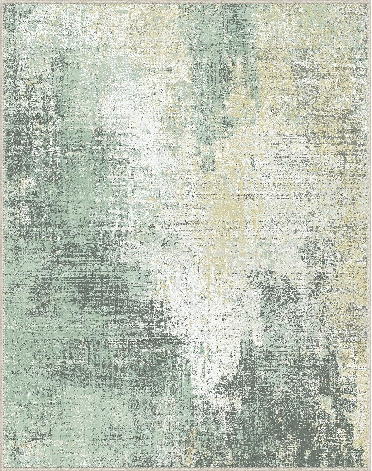 imageGENIMO 8x10 Area Rugs for Living Room Machine Washable Non Slip Rugs Low Pile Lightweight Vintage Print Rug for Bedroom Dining Room Home Office Distressed BlueGreyWashed Cream Green