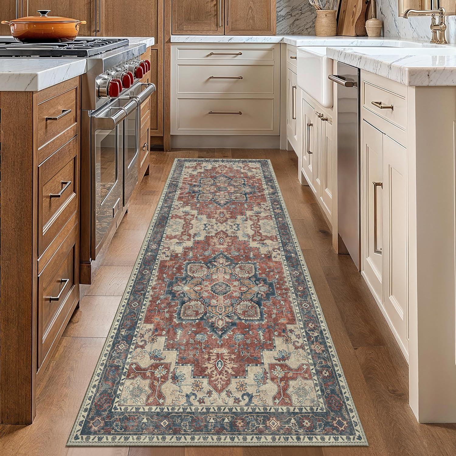 imageGENIMO 8x10 Area Rugs for Living Room Machine Washable Non Slip Rugs Low Pile Lightweight Vintage Print Rug for Bedroom Dining Room Home Office Distressed BlueGreyBordeaux