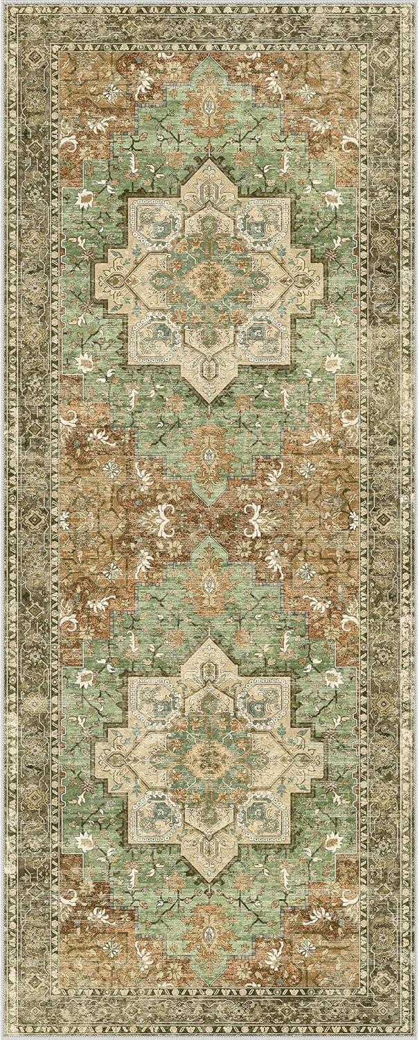 imageGENIMO 8x10 Area Rugs for Living Room Machine Washable Non Slip Rugs Low Pile Lightweight Vintage Print Rug for Bedroom Dining Room Home Office Distressed BlueGreyMuted Green Brown