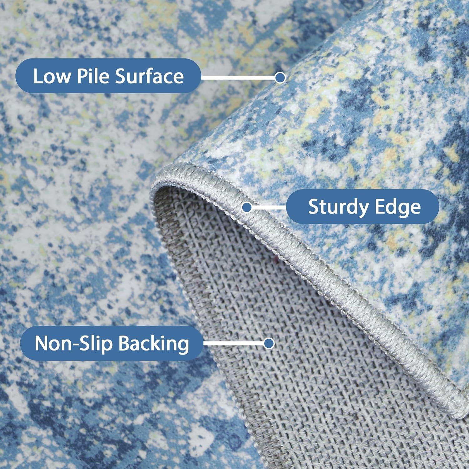 imageGENIMO 8x10 Area Rugs for Living Room Machine Washable Non Slip Rugs Low Pile Lightweight Vintage Print Rug for Bedroom Dining Room Home Office Distressed BlueGreyTrue Blue
