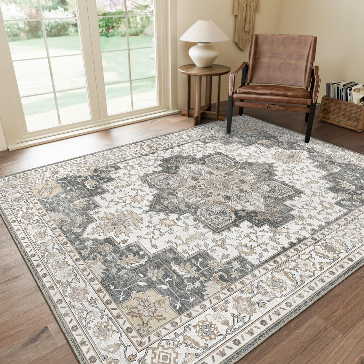 imageGENIMO 8x10 Area Rugs for Living Room Machine Washable Non Slip Rugs Low Pile Lightweight Vintage Print Rug for Bedroom Dining Room Home Office Distressed BlueGreyHeathered Grey