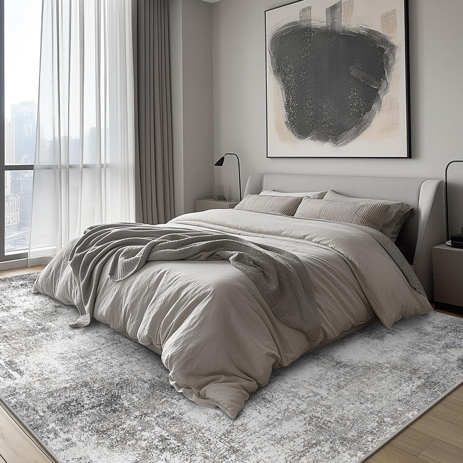 imageGENIMO 8x10 Area Rugs for Living Room Machine Washable Non Slip Rugs Low Pile Lightweight Vintage Print Rug for Bedroom Dining Room Home Office Distressed BlueGreyGrey White
