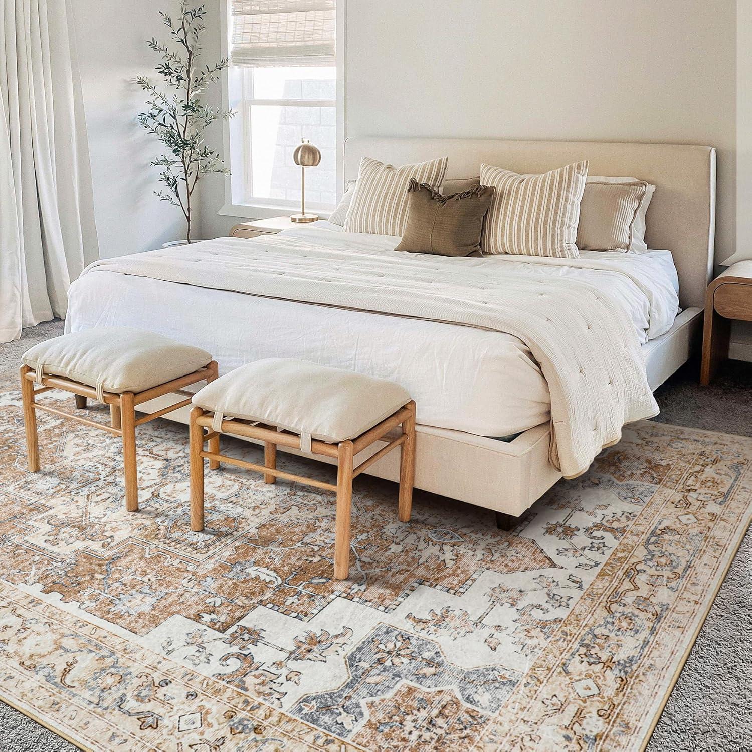 imageGENIMO 8x10 Area Rugs for Living Room Machine Washable Non Slip Rugs Low Pile Lightweight Vintage Print Rug for Bedroom Dining Room Home Office Distressed BlueGreyOrangebeige