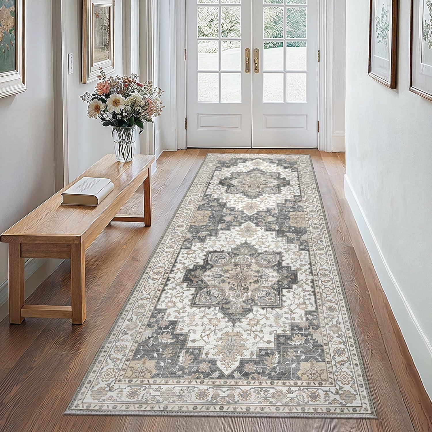 imageGENIMO 8x10 Area Rugs for Living Room Machine Washable Non Slip Rugs Low Pile Lightweight Vintage Print Rug for Bedroom Dining Room Home Office Distressed BlueGreyHeathered Grey