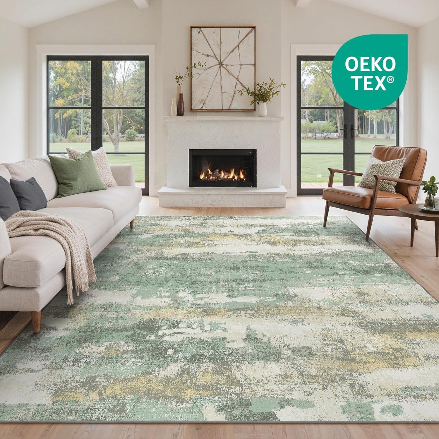 imageGENIMO 8x10 Area Rugs for Living Room Machine Washable Non Slip Rugs Low Pile Lightweight Vintage Print Rug for Bedroom Dining Room Home Office Distressed BlueGreyGreen Gray
