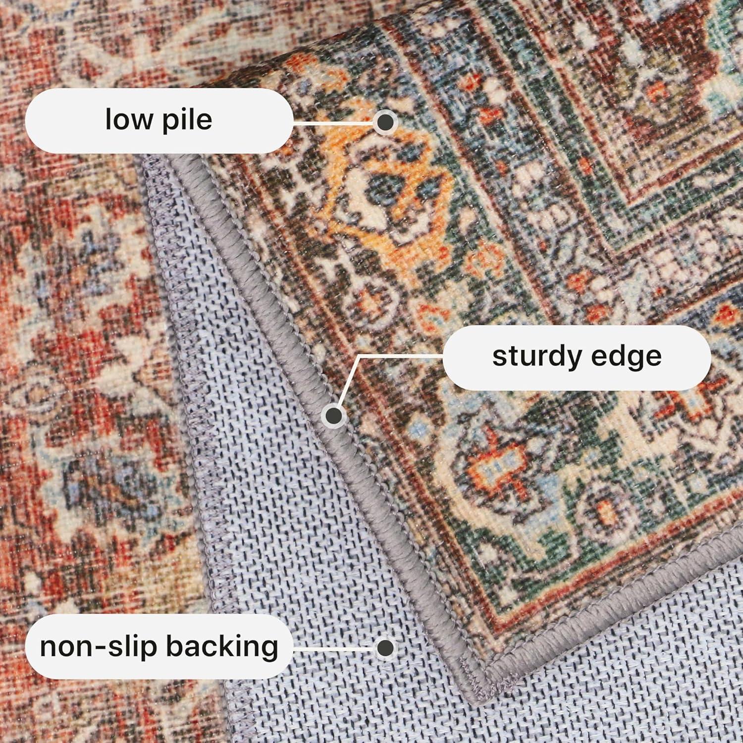 imageGENIMO 8x10 Area Rugs for Living Room Machine Washable Non Slip Rugs Low Pile Lightweight Vintage Print Rug for Bedroom Dining Room Home Office Distressed BlueGreyTerracotta Indigo